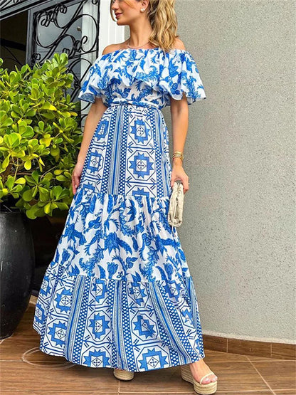 Frühlings-/Sommerkleid mit großem Ausschnitt und Bohemian-Print