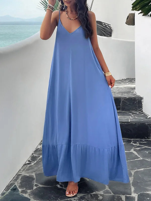 Langes einfarbiges Plisseekleid ohne Ärmel