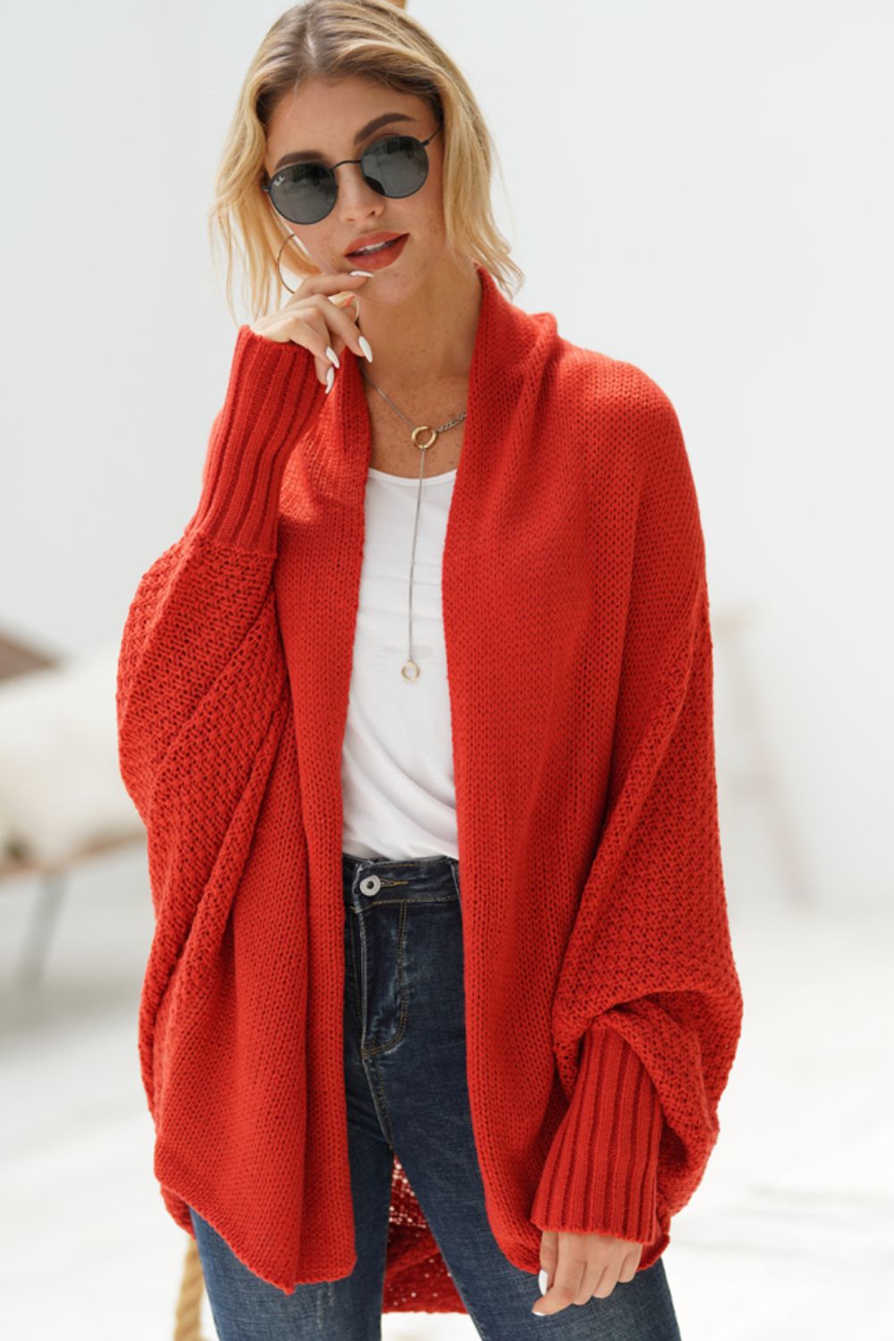 Liana - Lange offene Strickjacke mit Dolman-Ärmeln für Damen