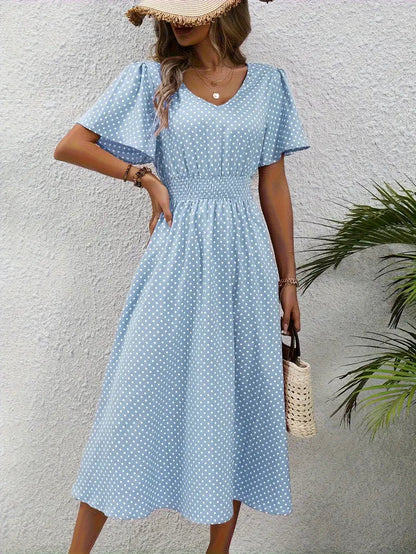 Kleid mit durchgehendem Aufdruck und abgerundeter Taille, lässiges Kleid mit kurzen Ärmeln