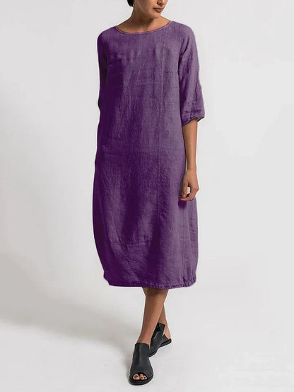 Dinny - 3/4 Ärmel Rundhalsausschnitt Schlichtes Freizeitkleid
