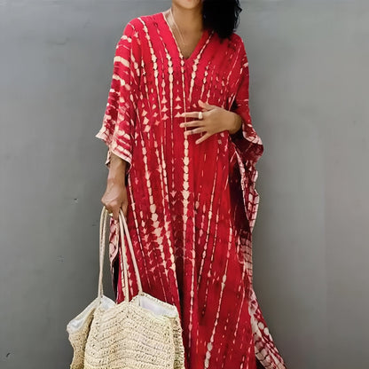 Langes Kleid mit Print und weiten Fledermausärmeln