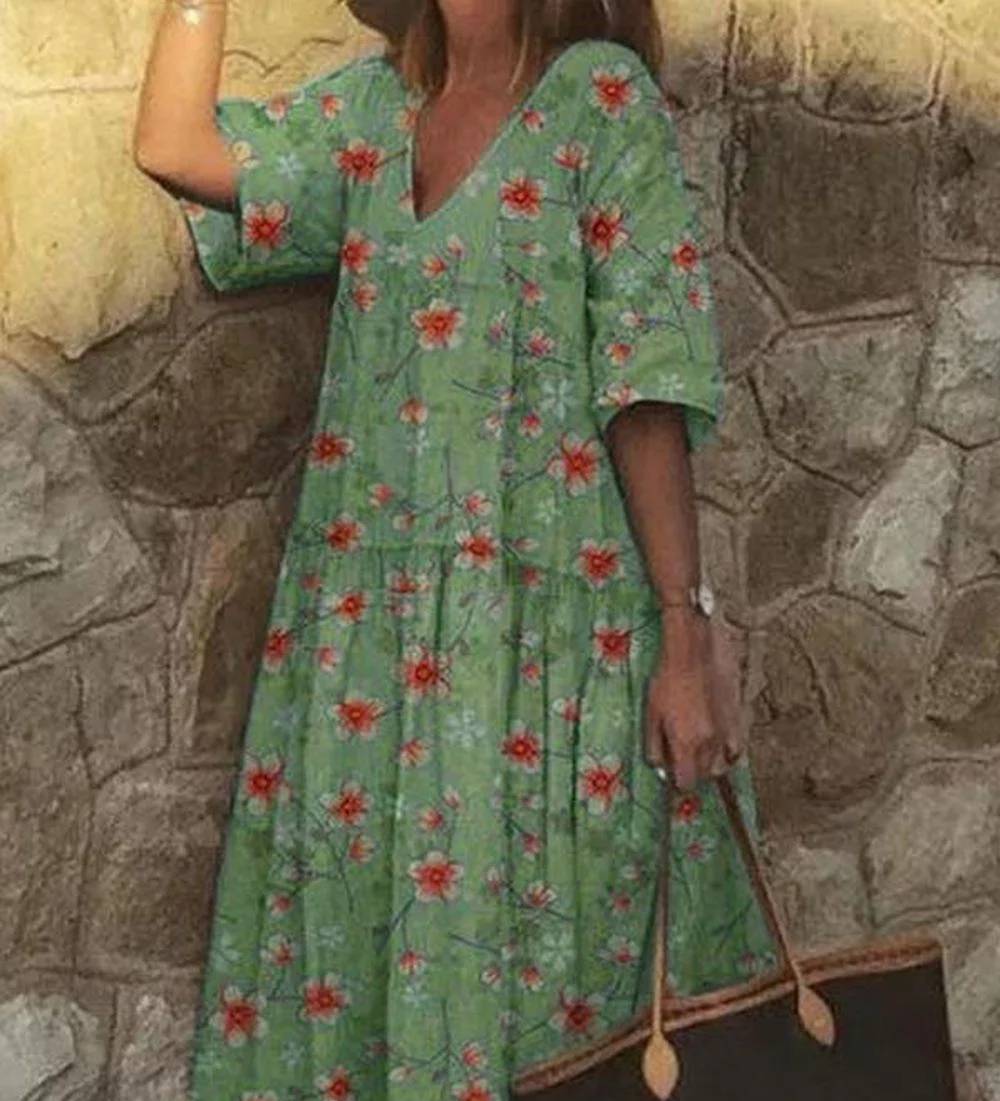Lässiges Kleid mit V-Ausschnitt und Blumendruck