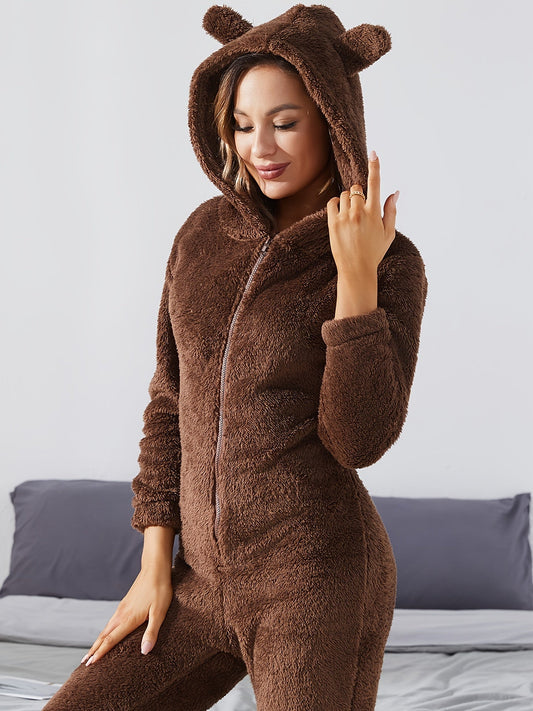Lila - Dunkelbraun Einfarbiger kuscheliger Kapuzenoverall für Frauen