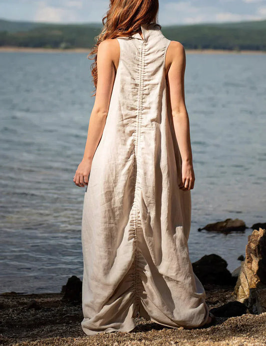 Stacey - Maxikleid aus Leinen mit Rüschen, Stehkragen und Rücken