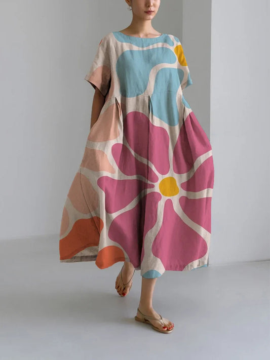 Fely - Lässiges lockeres Damen Rundhals-Kleid mit Blumenmuster