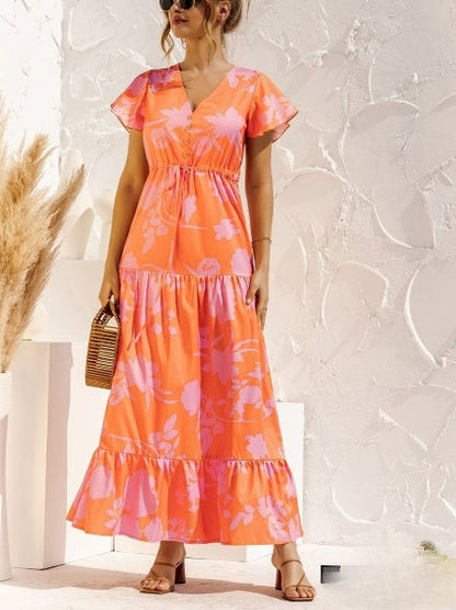 Emaline - Langes Kleid mit Blumendruck und V-Ausschnitt