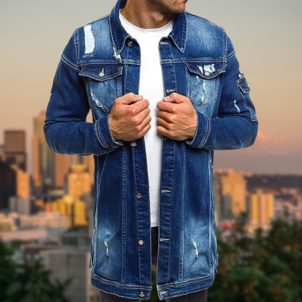 Zerrissene mittellange Denim-Jacke