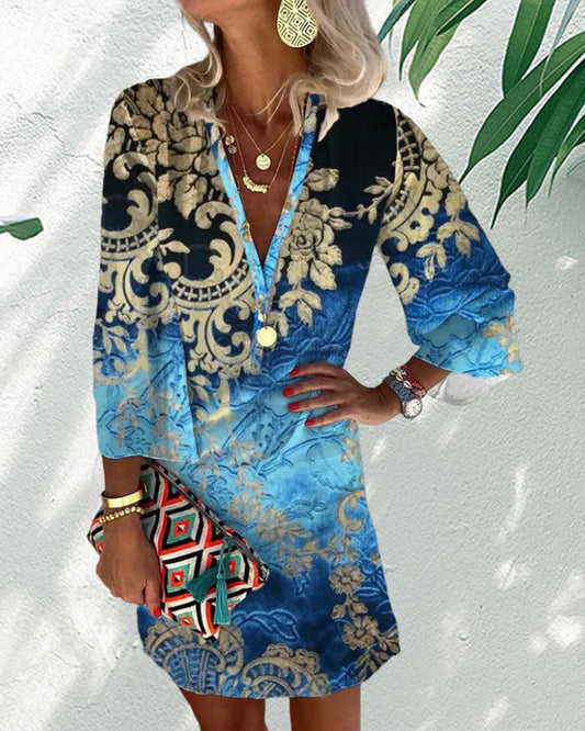 Langärmeliges Kleid mit Boho-Print