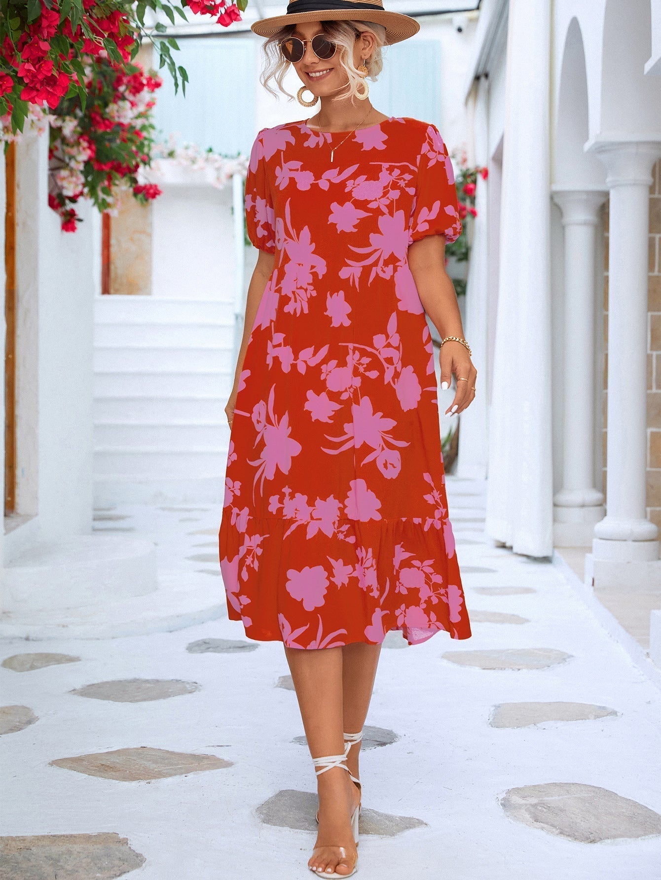 Chaya - Geblümtes Midikleid mit Puffärmeln und gerüschtem Saum