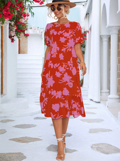 Chaya - Geblümtes Midikleid mit Puffärmeln und gerüschtem Saum