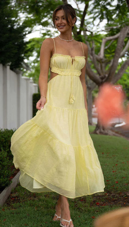 Ärmelloses Maxikleid mit Nähten und Rüschen