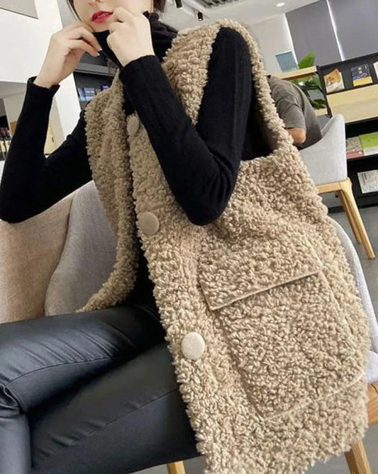Khakifarbene Winterweste mit Taschen und Knöpfen für Frauen