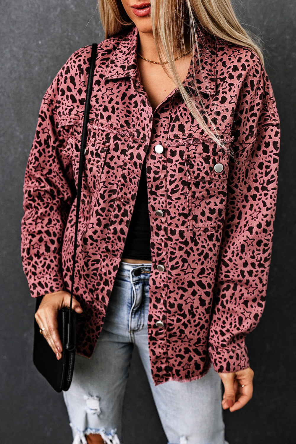 Maeve | Chic Leopardenmuster rosa Jeanshemd Jacke