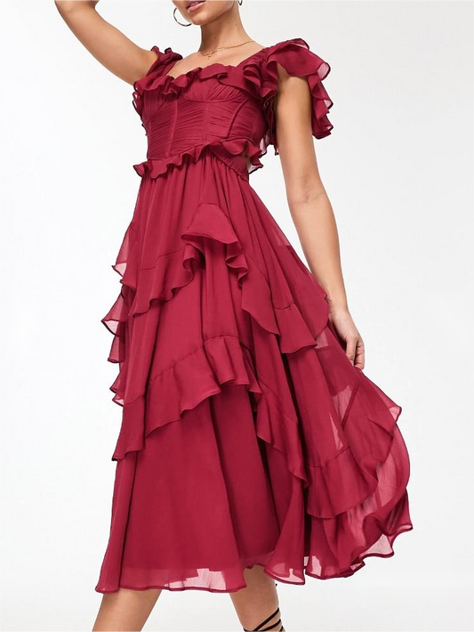Persimone - Midikleid mit gerüschten Ärmeln und gebundenem Mieder