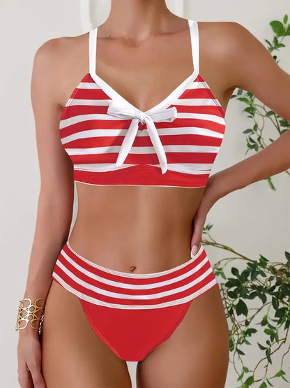 Sexy gestreifter Print-Schleifen-Bikini mit V-Ausschnitt