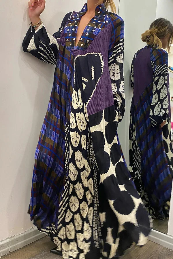 Rhiane - Kreatives Maxikleid mit langen Ärmeln, Colourblock-Print und Taschen