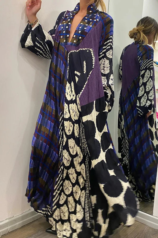 Rhiane - Kreatives Maxikleid mit langen Ärmeln, Colourblock-Print und Taschen