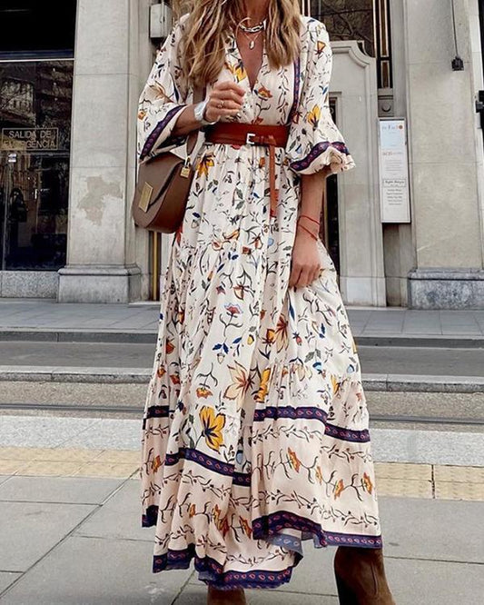 Elizeane - Elegantes Maxikleid im Boho-Stil mit Blumendruck und spitzem Ausschnitt