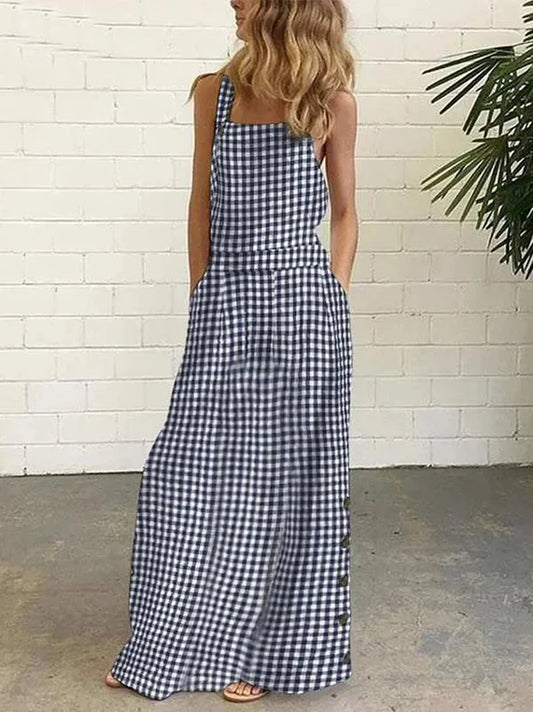 Ärmelloses Kleid mit Print, Knöpfen und Taschen