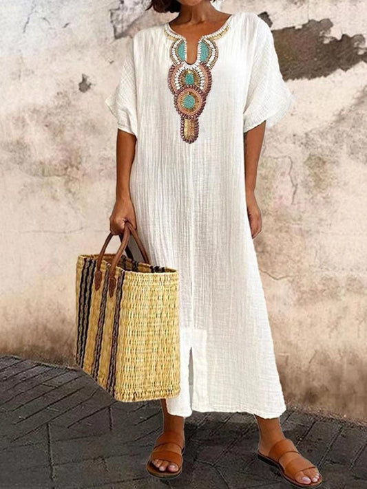 Giulette - Unifarbenes Damen-Kleid mit V-Ausschnitt und kurzen Ärmeln