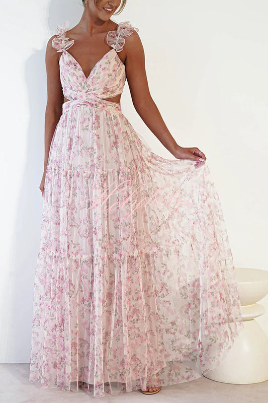 Fée des Jardins Tüll-Maxikleid mit Blumenvolants und Découpes à la Taille à Nouer auf Twinset