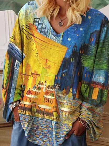 Van Gogh Art V-Neck T-Shirt, lockerer Schnitt