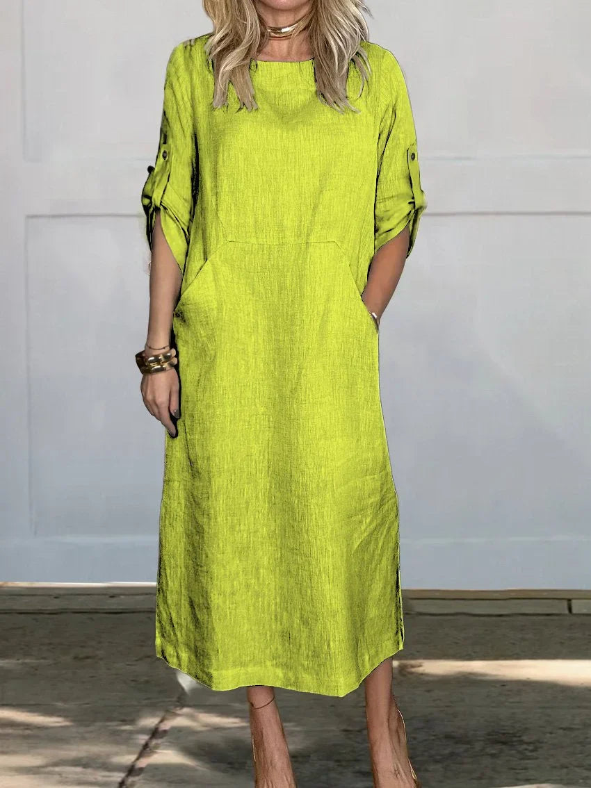 Korinna - Bequemes Leinenkleid mit Taschen in Uni-Farbe