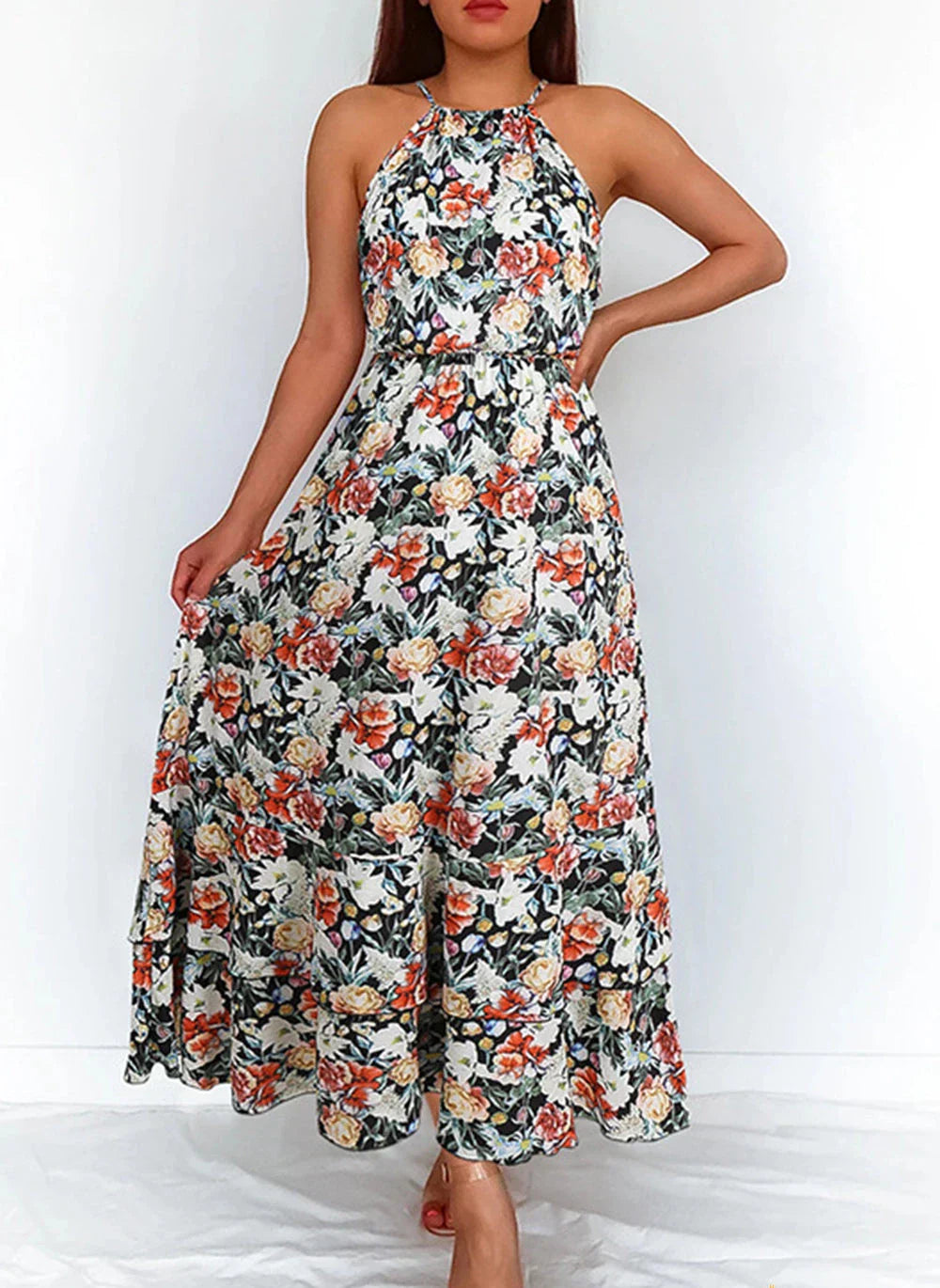 Kleid mit halbhohem Rock und eleganter Blumenmusterkombination