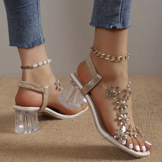 Camila® | Damensandalen mit Blume und Strassabsatz