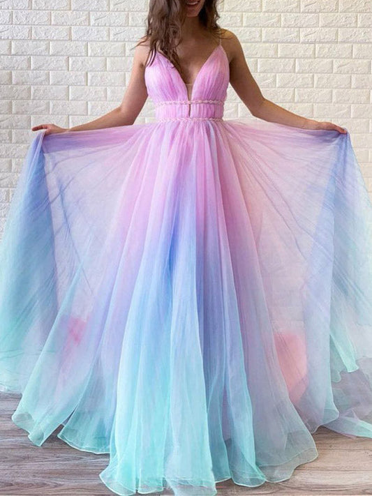 Elegantes langes Abendkleid für Damen mit dünnen Trägern und Farbverlauf