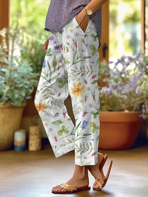 Women's Floral Pattern Loose Pocket Patchwork Casual Hosen