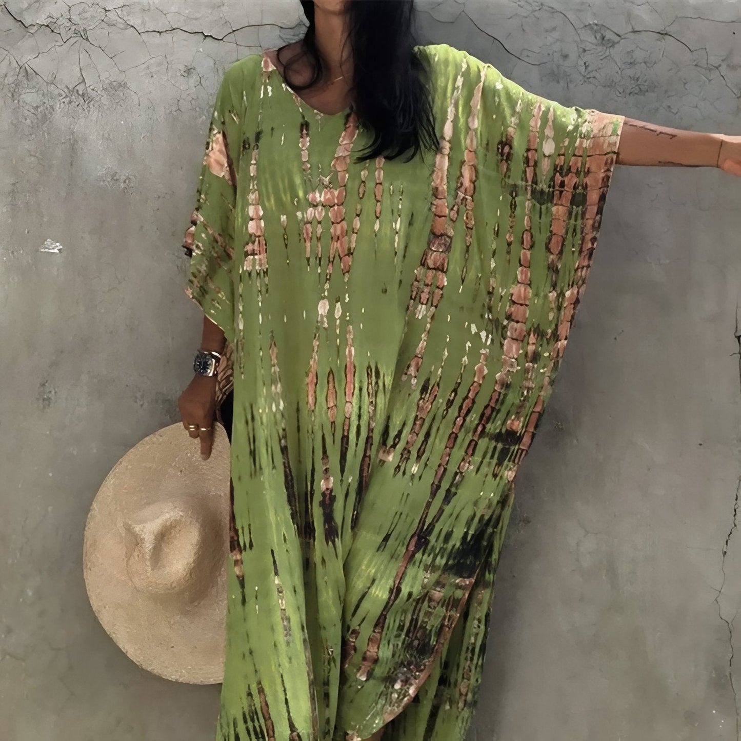 Langes Kleid mit Print und weiten Fledermausärmeln