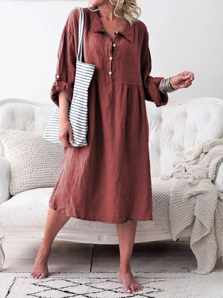 Maria Damen-Sommerkleid mit langen Ärmeln, Knopfverschluss – lockerer Stoff