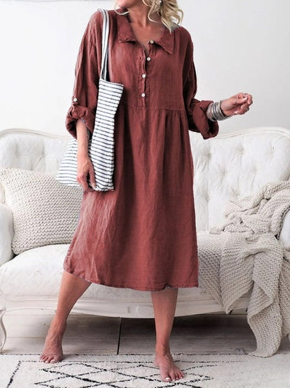 Maria Damen-Sommerkleid mit langen Ärmeln, Knopfverschluss – lockerer Stoff