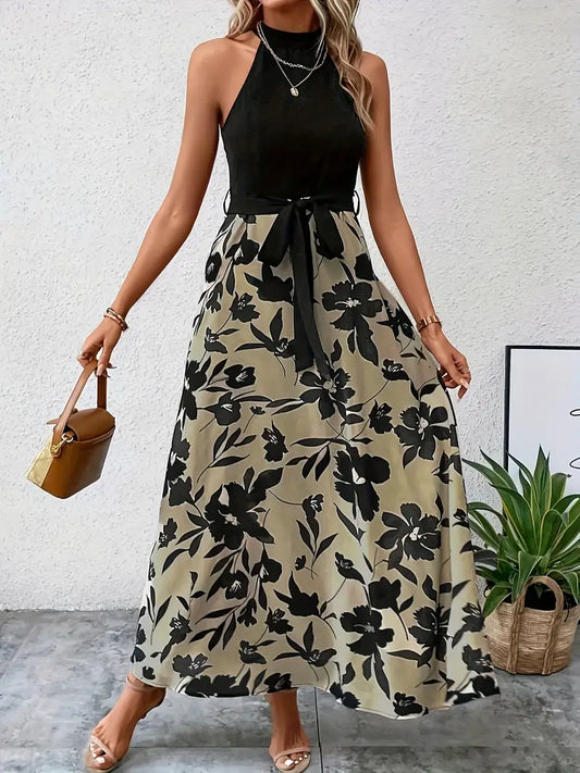 Elizabeth - Geschlitztes Kleid mit Neckholder und Blumendruck