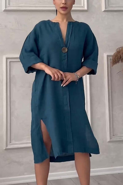 Freizeitkleid aus Baumwolle und Leinen mit Knopfverschluss