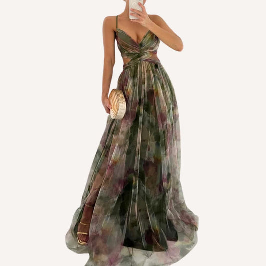 Elegantes langes Kleid mit dünnen Trägern und Blumenmuster