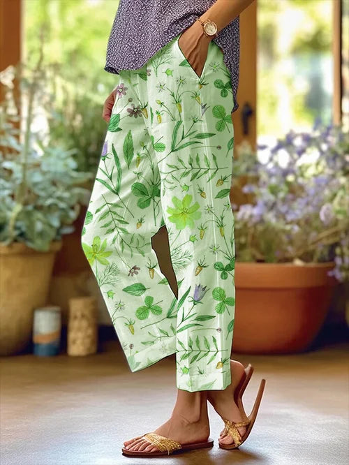 Women's Floral Pattern Loose Pocket Patchwork Casual Hosen