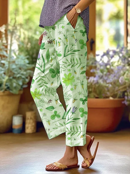 Women's Floral Pattern Loose Pocket Patchwork Casual Hosen