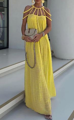 Mila - Modernes und raffiniert drapiertes Maxikleid aus Leinenmischung mit Borten