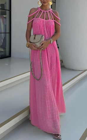 Mila - Modernes und raffiniert drapiertes Maxikleid aus Leinenmischung mit Borten