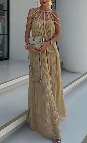 Mila - Modernes und raffiniert drapiertes Maxikleid aus Leinenmischung mit Borten