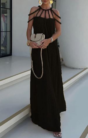 Mila - Modernes und raffiniert drapiertes Maxikleid aus Leinenmischung mit Borten