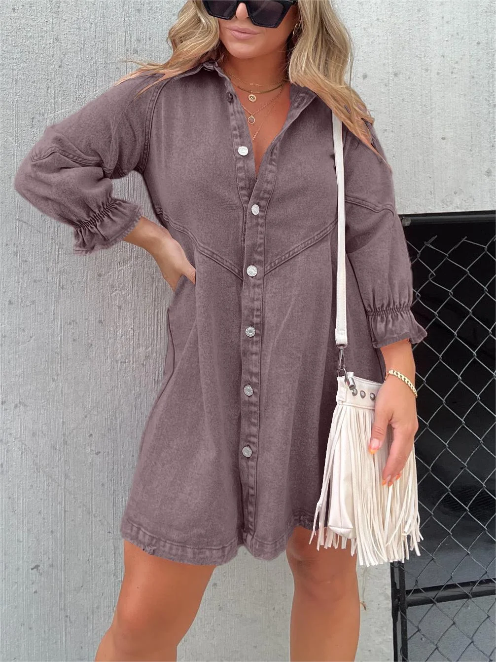 Aileen - Kleid aus gewaschenem Denim mit Puffärmeln