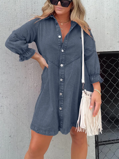 Aileen - Kleid aus gewaschenem Denim mit Puffärmeln