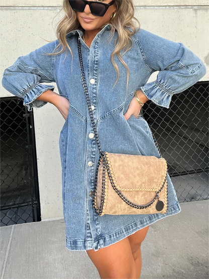 Aileen - Kleid aus gewaschenem Denim mit Puffärmeln