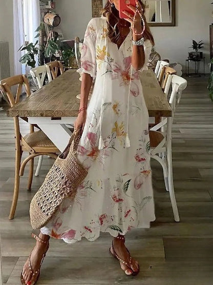Aimee - Damenkleider Midikleid mit Bartprint und V-Ausschnitt