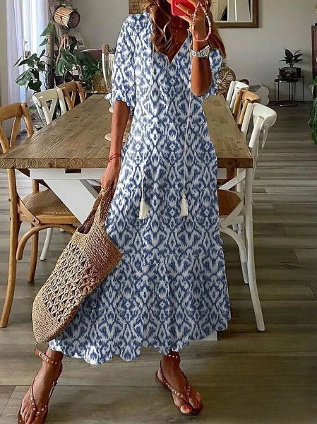 Aimee - Damenkleider Midikleid mit Bartprint und V-Ausschnitt