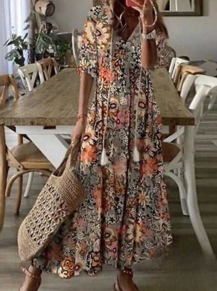 Aimee - Damenkleider Midikleid mit Bartprint und V-Ausschnitt